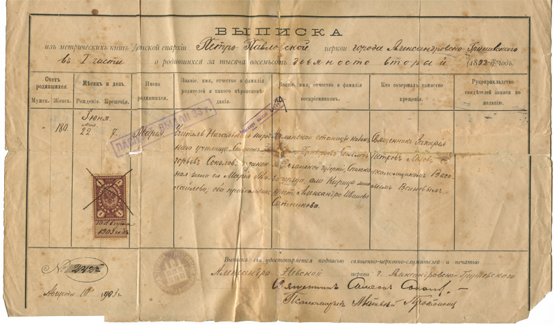 Выписка из метрической книги, Александровск-Грушевский 1903 г - Шахты